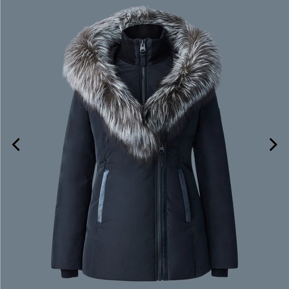 Mackage Navy Blue Coat with Silver Fox Fur Trim